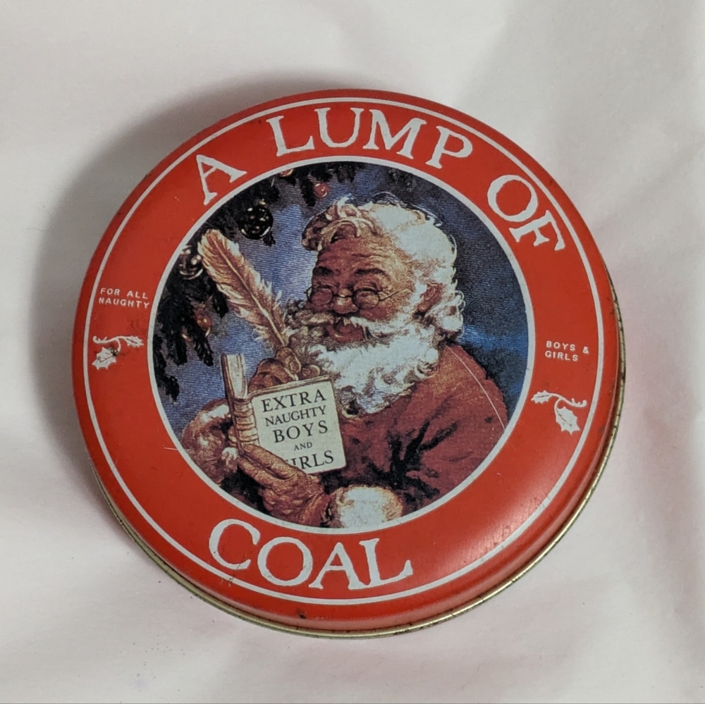 Vintage Red Santa Tin with 'A Lump of Coal' Design
